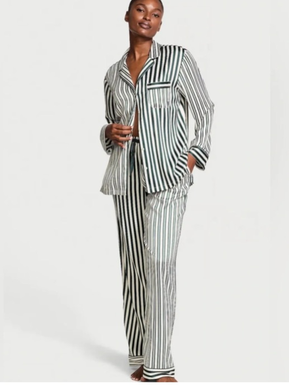 NWT Victorias Secret Satin Pajama Set (Green Stripe) Size Small